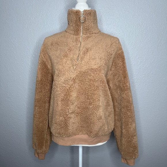 Topshop Tan Teddy Fleece Quarter Zip Up Pull Over Size 10 -cp - Picture 2 of 9